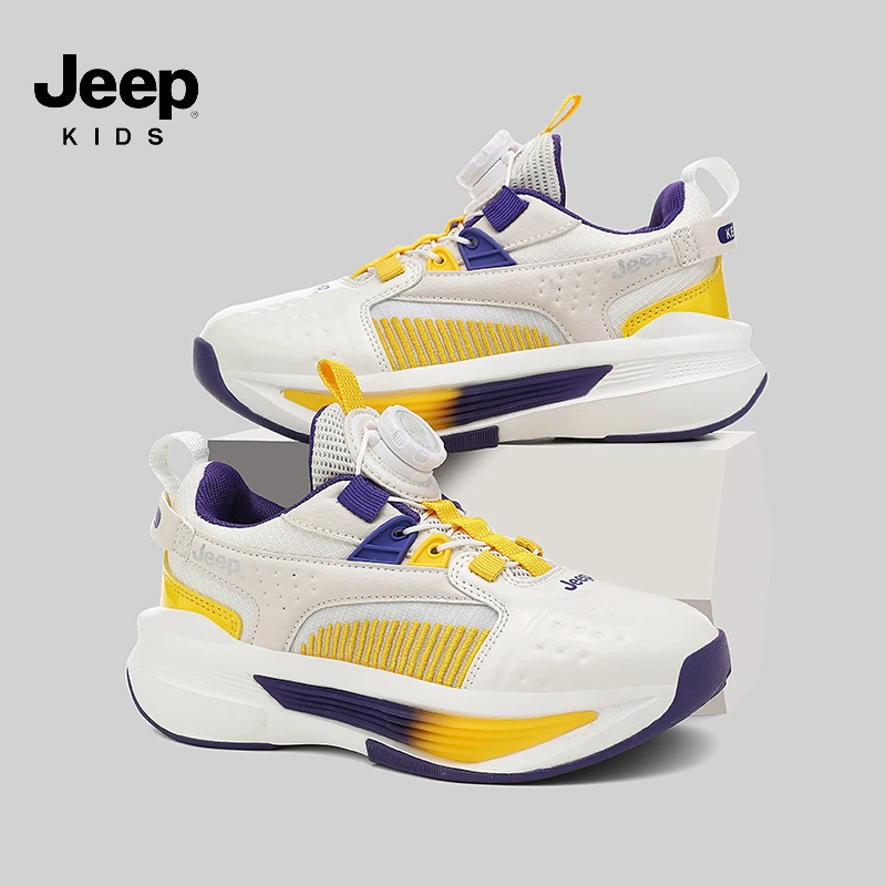 jeep男童夏季透气篮球鞋儿童旋转纽扣缓震运动鞋双网面防滑跑步鞋