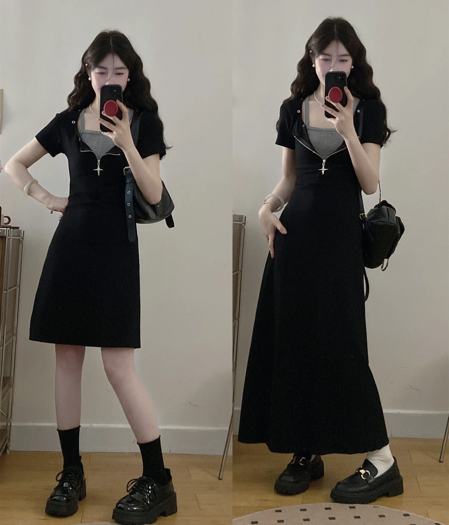 大码高级感黑色假两件针织短袖连衣裙女夏季胖mm遮肚子显瘦长裙子