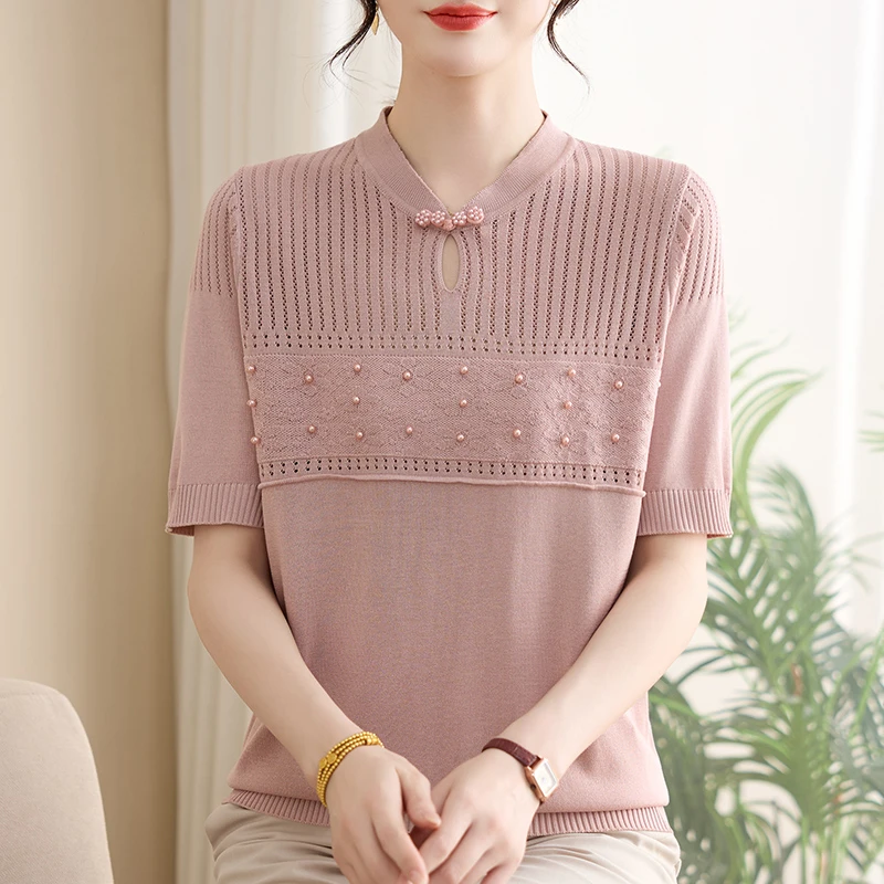 妈妈夏装新款旗袍领洋气短袖中老年女装宽松显瘦T恤套头休闲小衫