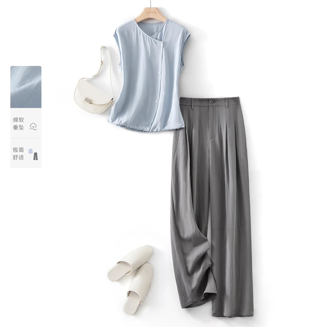IHIMI/海谧通勤极简舒适垂坠套装25夏不规则斜襟衬衫+阔腿长裤女