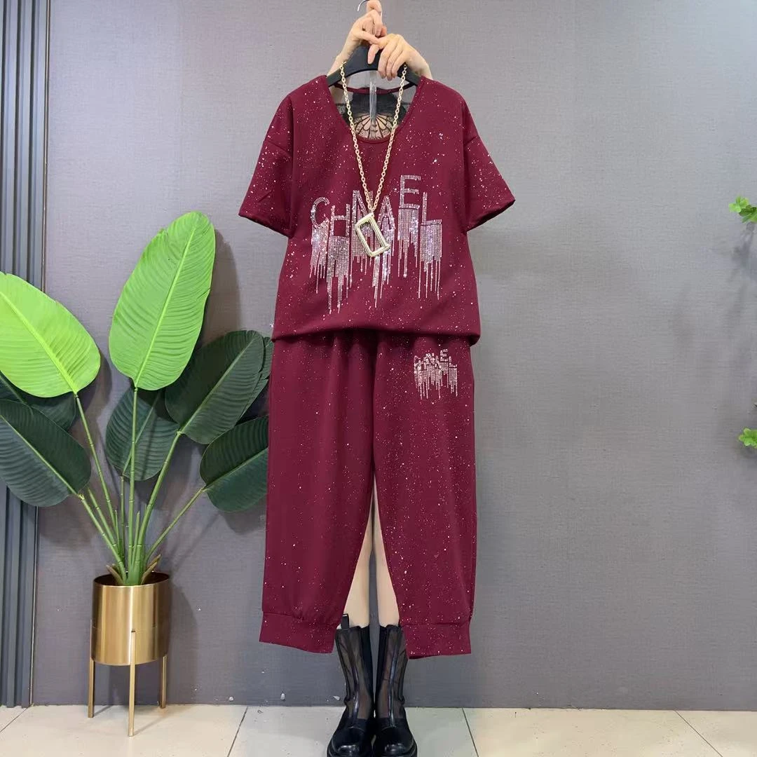 欧货时尚休闲洋气亮闪闪美背重工烫钻韩版休闲宽松遮肉百搭套装