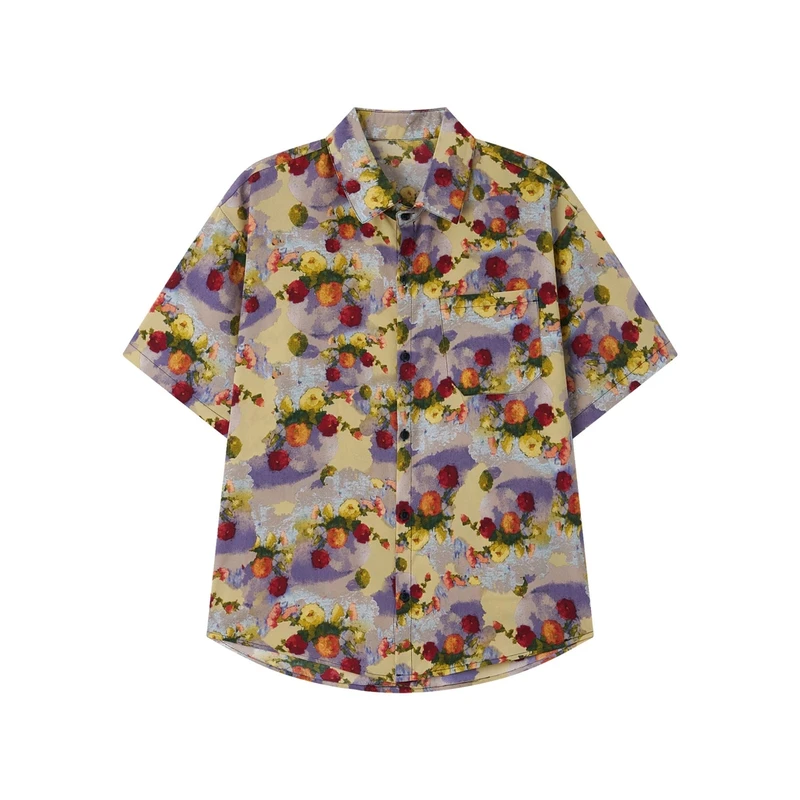 夏季潮流宽松情侣复古港味衬衫设计感衬衣日系休闲满印小众五分袖