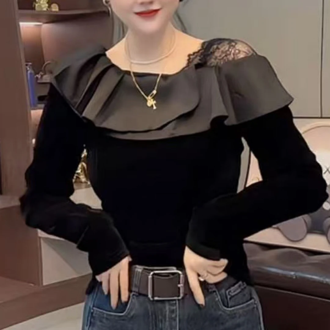 欧货轻奢斜领拼接蕾丝打底衫