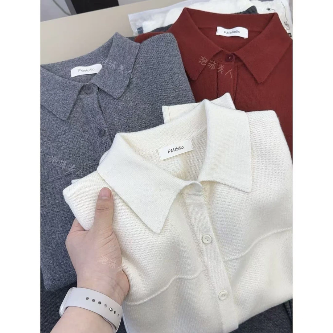 羊毛衬衫」柔软加厚polo领单排扣衬衫款羊毛针织开衫（长58 胸围106