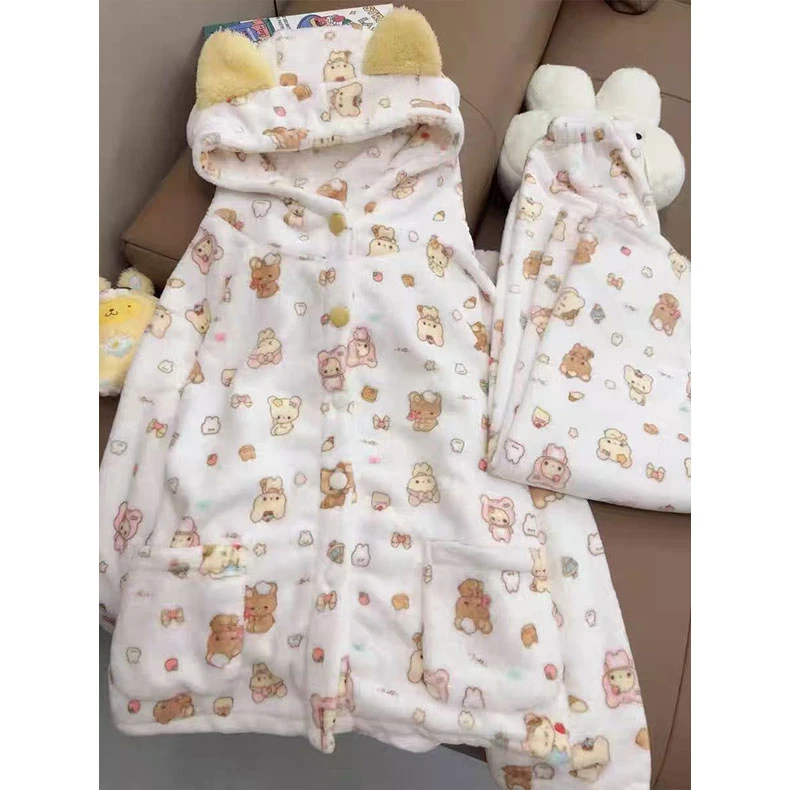 连帽轻松熊睡衣女秋冬季新款加绒加厚法兰绒保暖可爱学生家居服套
