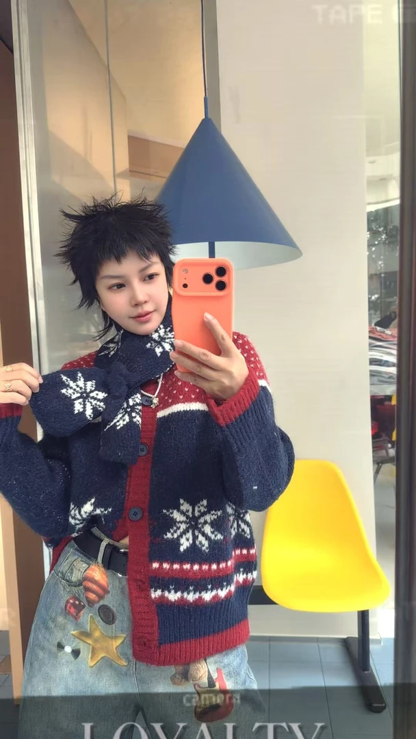 【济州岛】费尔岛提花撞色针织开衫+围巾两件套