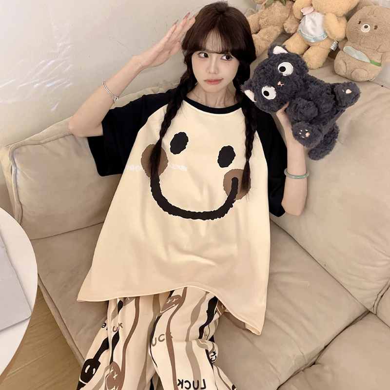 胖mm睡衣女夏季纯棉卡通加大码200斤女士家居服女孩短袖长裤套装