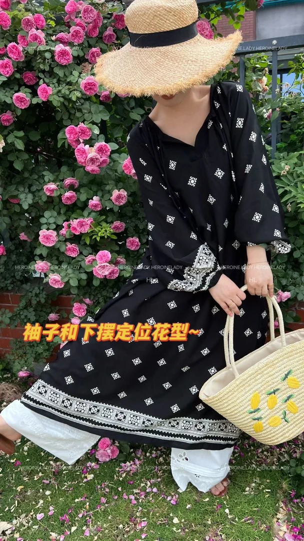 【香格里拉连衣裙】HL棉绸夏季长袖民族独度假复古气质长款连衣裙