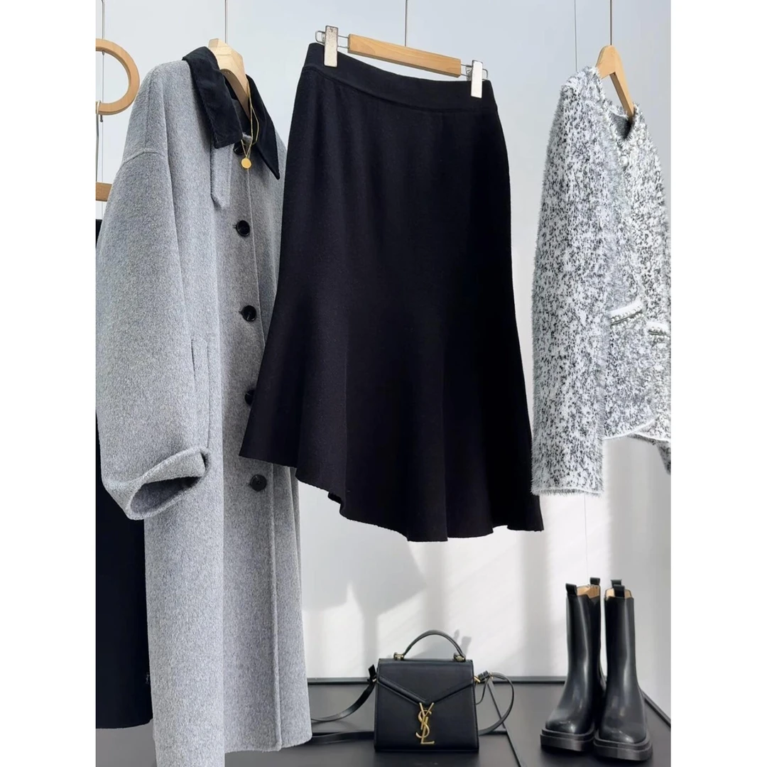 秋冬针织包臀裙设计款鱼尾裙子半身裙女中长款黑色针织裙