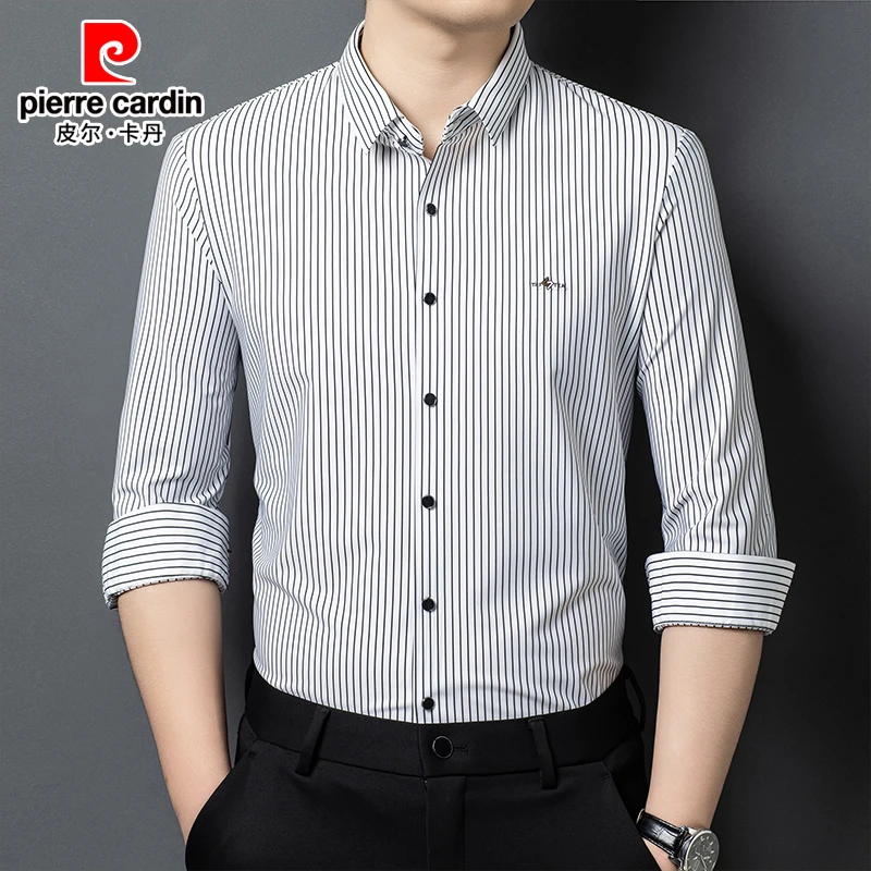 皮尔卡丹男士休闲长袖衬衫春秋季新款条纹弹力抗皱无痕商务衬衫男