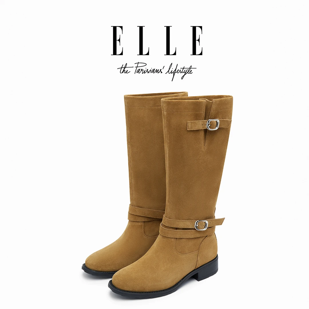 ELLE褶皱堆堆靴女款粗跟显瘦厚底长靴2025新款西部靴高筒骑士靴子