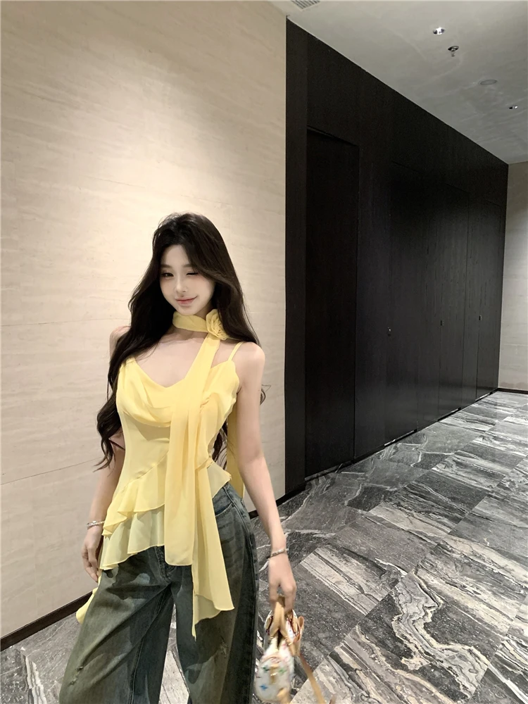 多巴胺荷叶边吊带背心不规则设计感纯欲风辣妹性感显瘦无袖上衣女