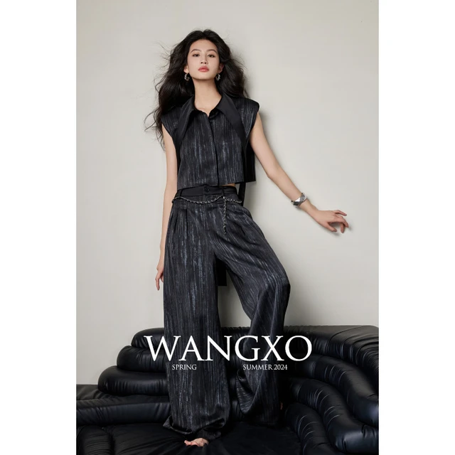 WANGXO｜凉感缎面抓皱肌理｜小众设计感拼接系带收腰衬衫&阔腿裤