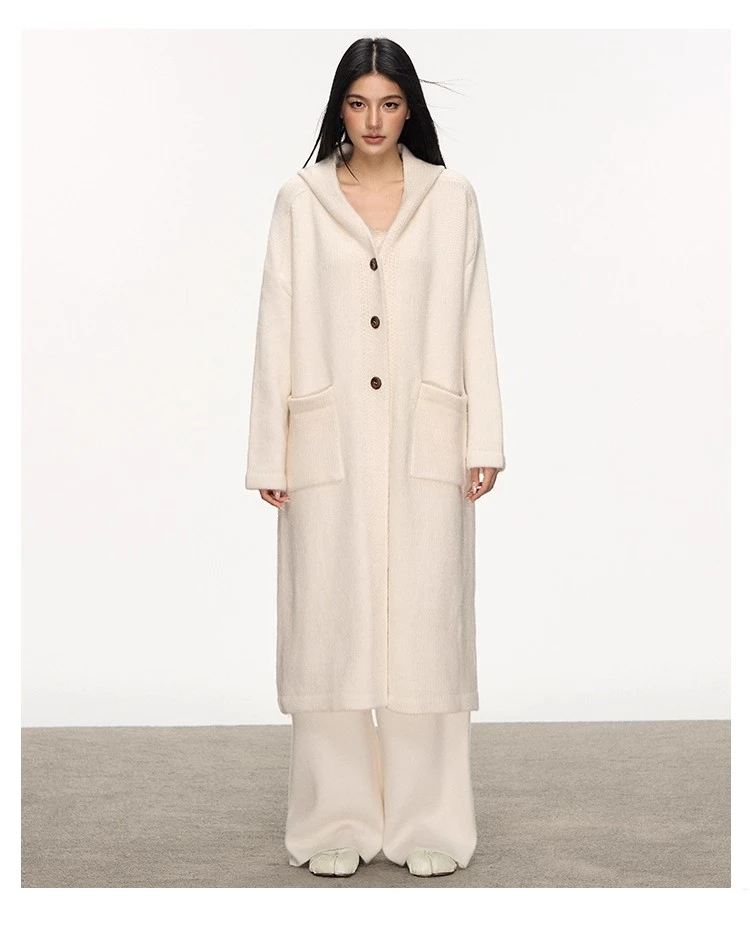 anna aneae连帽长款毛衣大衣女冬季高级口袋纽扣宽松毛织开衫外套