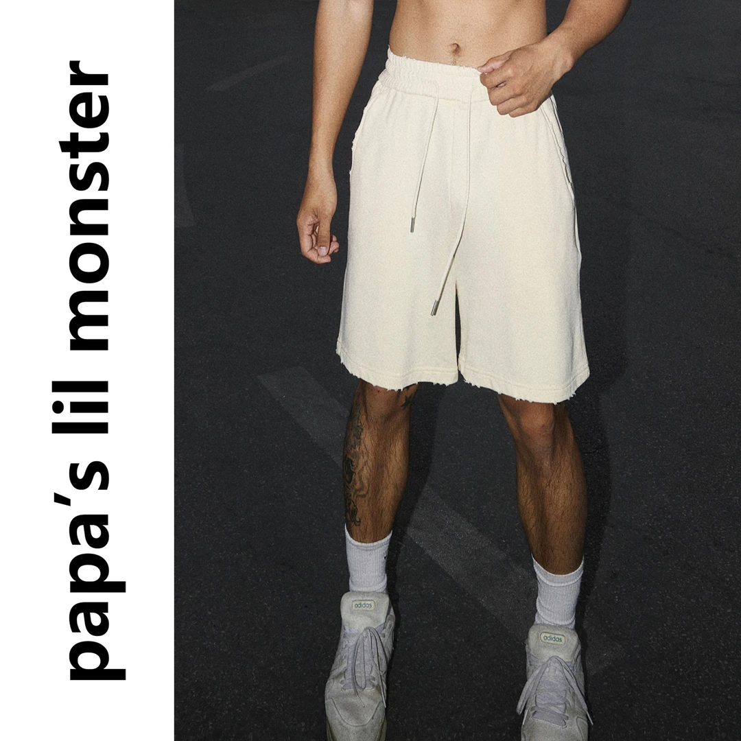 PAPASLILMONSTER美式磨边做旧运动宽松五分裤健身百搭休闲短裤男