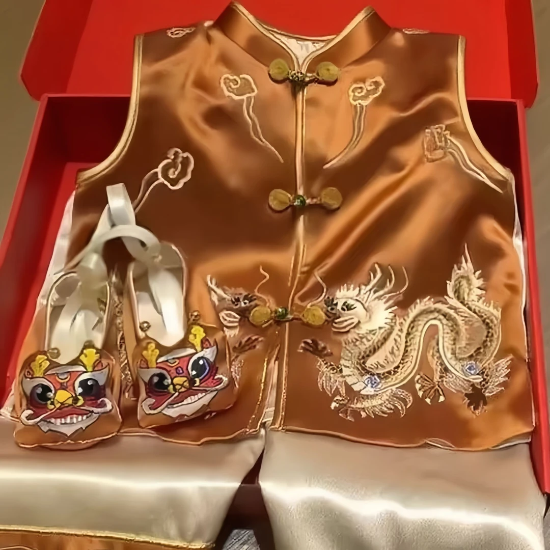 周岁男宝宝礼服夏季真丝醋酸刺绣抓周服百日生日宴衣服新中式唐装