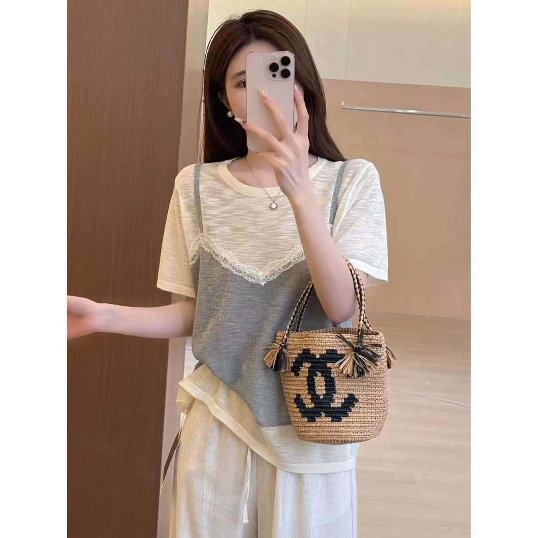 【饼干私服】灰色假两件吊带针织修身短款上衣正肩短袖t恤XH0220