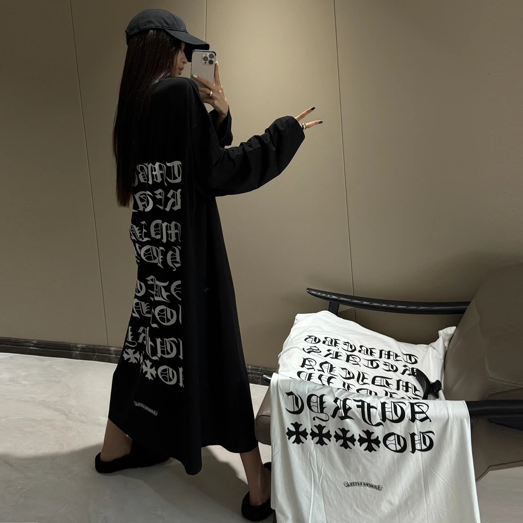 【人气选手】长款梵文印花宽松圆领阔版长袖休闲调性显瘦长款T恤女