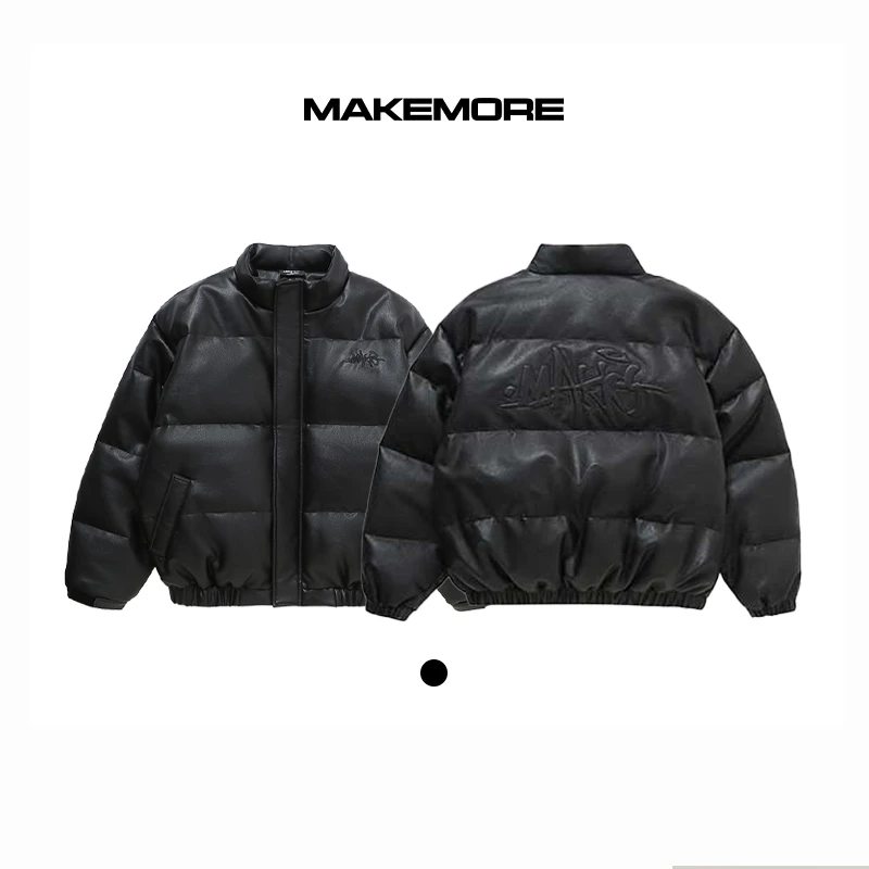 Makemore羽绒服男款冬季新款白鸭绒刺绣PU皮质高级加厚美式外套女