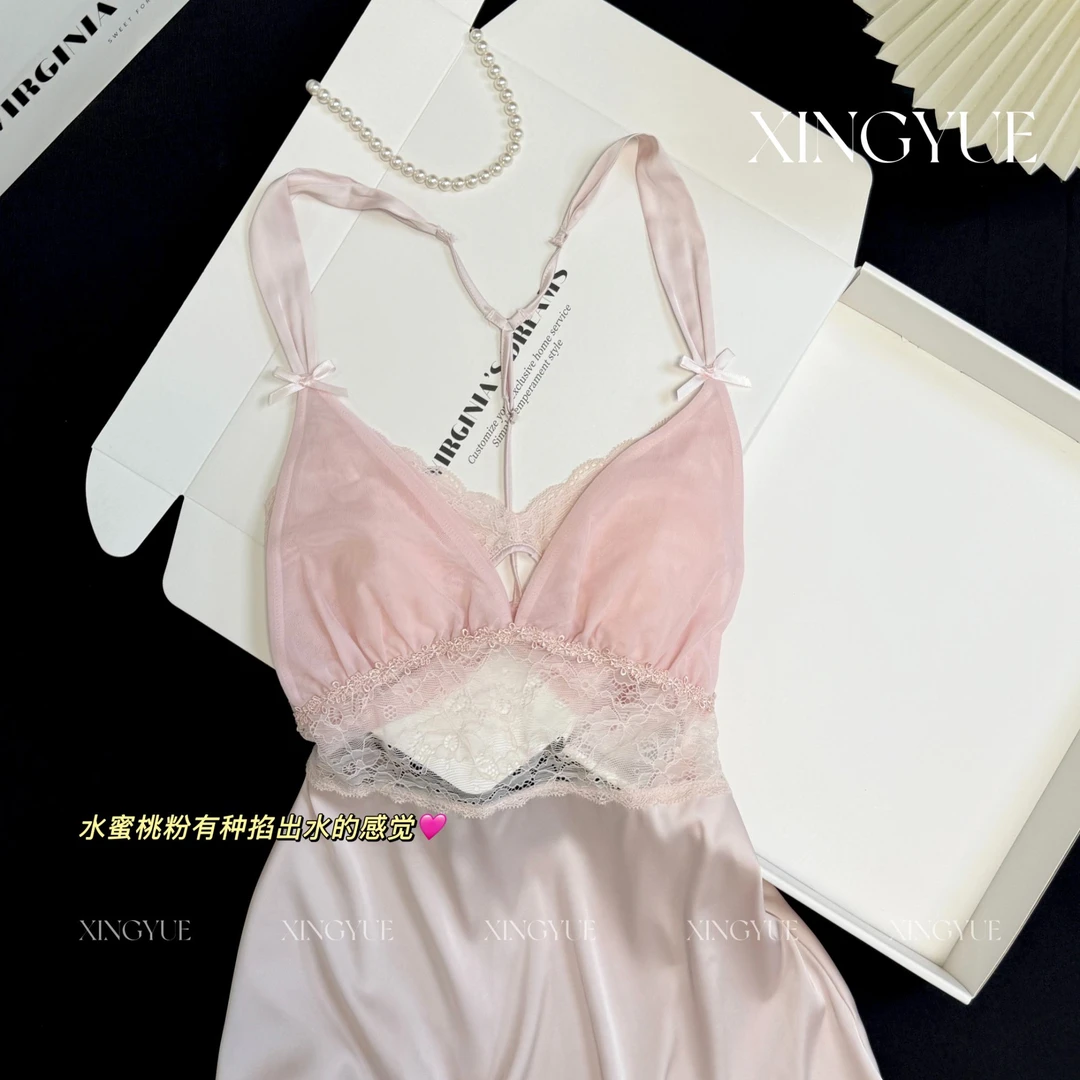 桃灼夏季新款性感睡衣蕾丝轻奢美背女士法式纯欲小胸漏背吊带裙