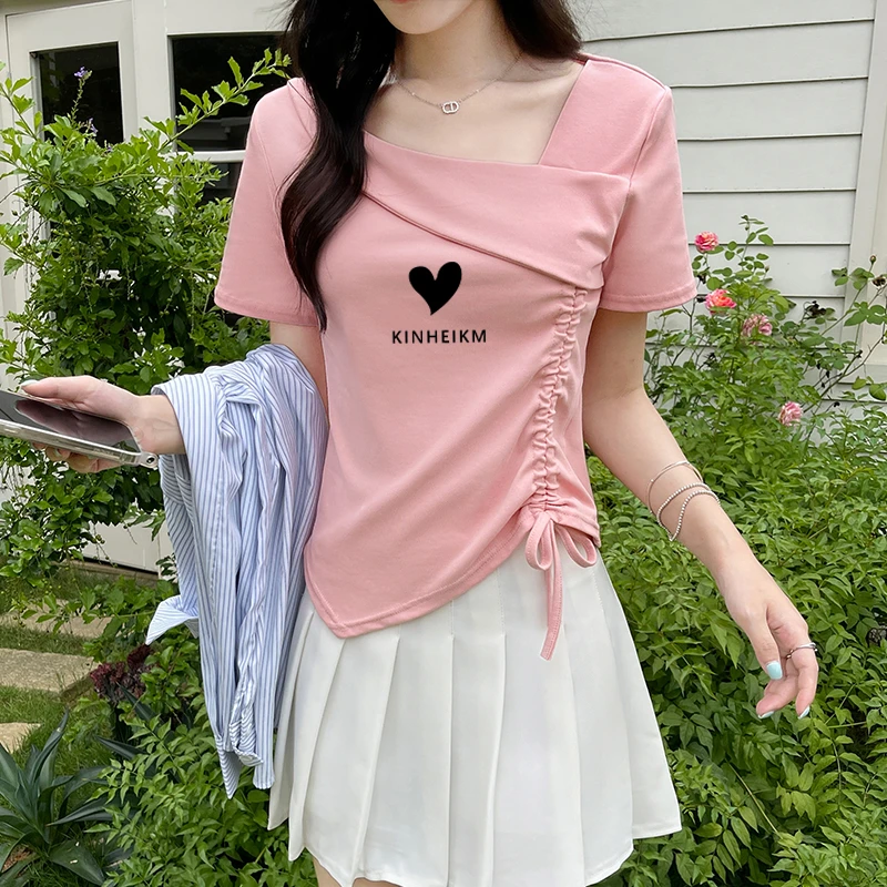 小众设计感纯棉斜领不规则抽绳正肩短袖t恤女夏显瘦遮肉百搭上衣