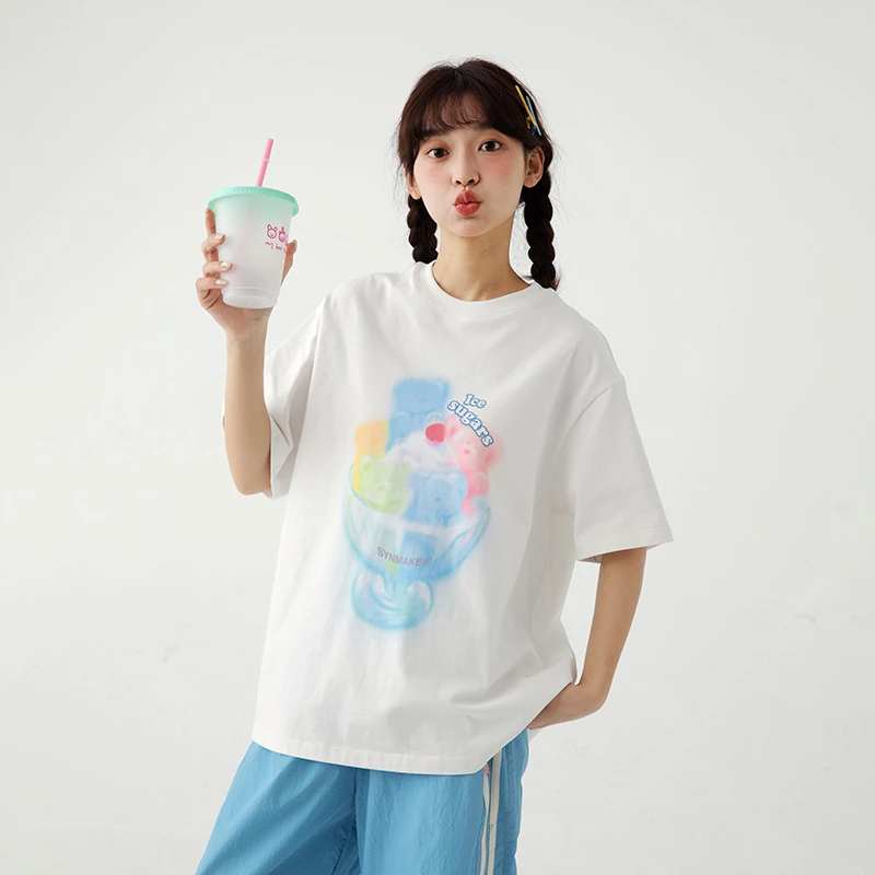 初中生夏季新款宽松印花短袖纯棉女大童上衣C25BT0026D