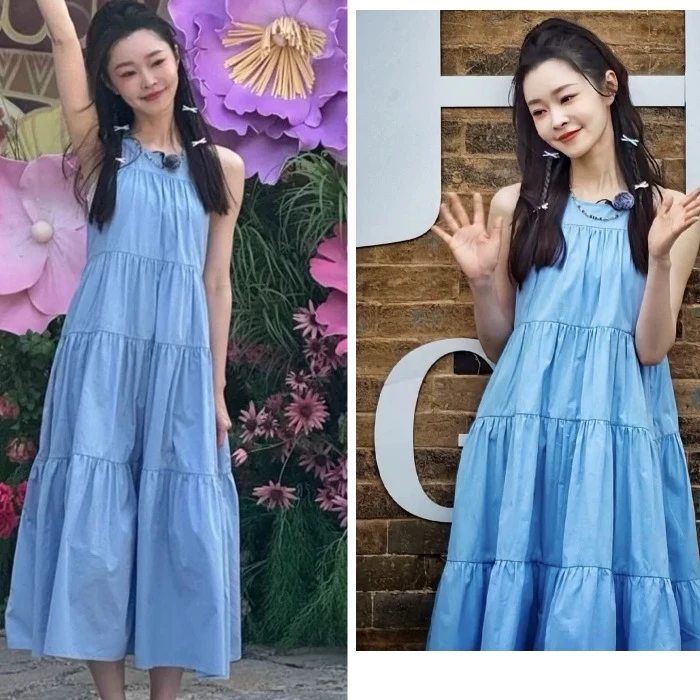 宋轶夏季新款法式蓝色连衣裙女温柔风宽松显瘦甜美气质无袖长裙