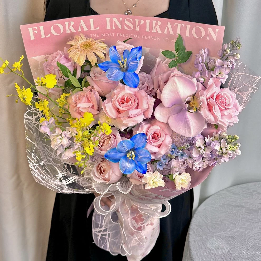 【怦然心动】粉玫瑰花紫罗兰郁金香蝴蝶兰混搭花束生日鲜花配送生日花束约会花束花店送花上门