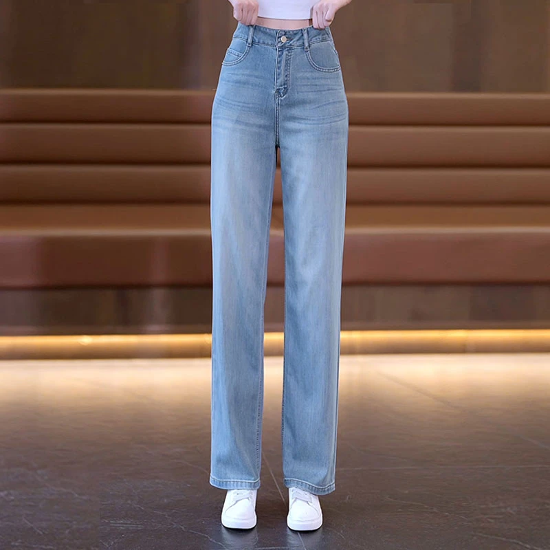 窄版阔腿牛仔裤女夏季2025新款高腰宽松垂感女裤天丝薄款直筒裤女