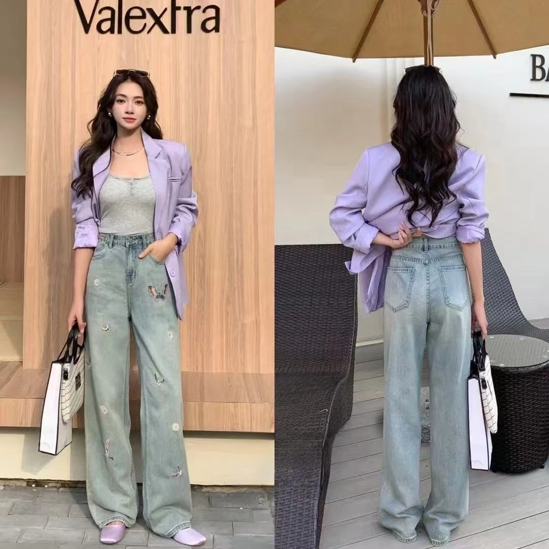 6216-超薄绣花直筒牛仔裤女 新款高腰显瘦裤子