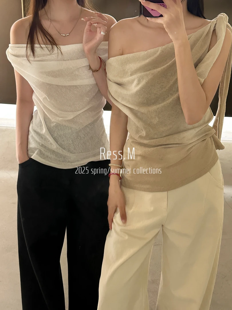 嘉文推荐2025夏季新款设计款斜肩不规则纽结绑带上衣06020