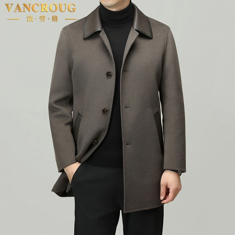 VANCROUG/法劳格毛呢大衣男士冬季中长款翻领休闲商务双面呢外套