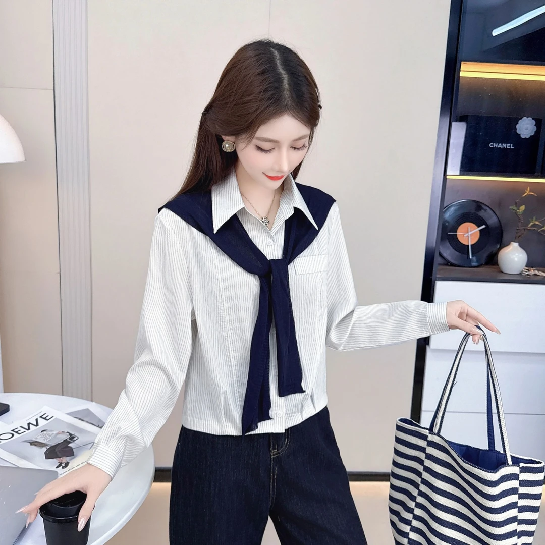 韩系长袖条纹披肩Polo领衬衫秋季新款百搭单排扣上衣宽松休闲衬衣