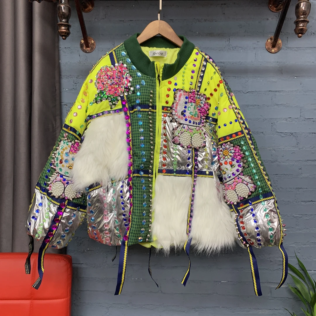 原创时尚撞色绿色羽外套