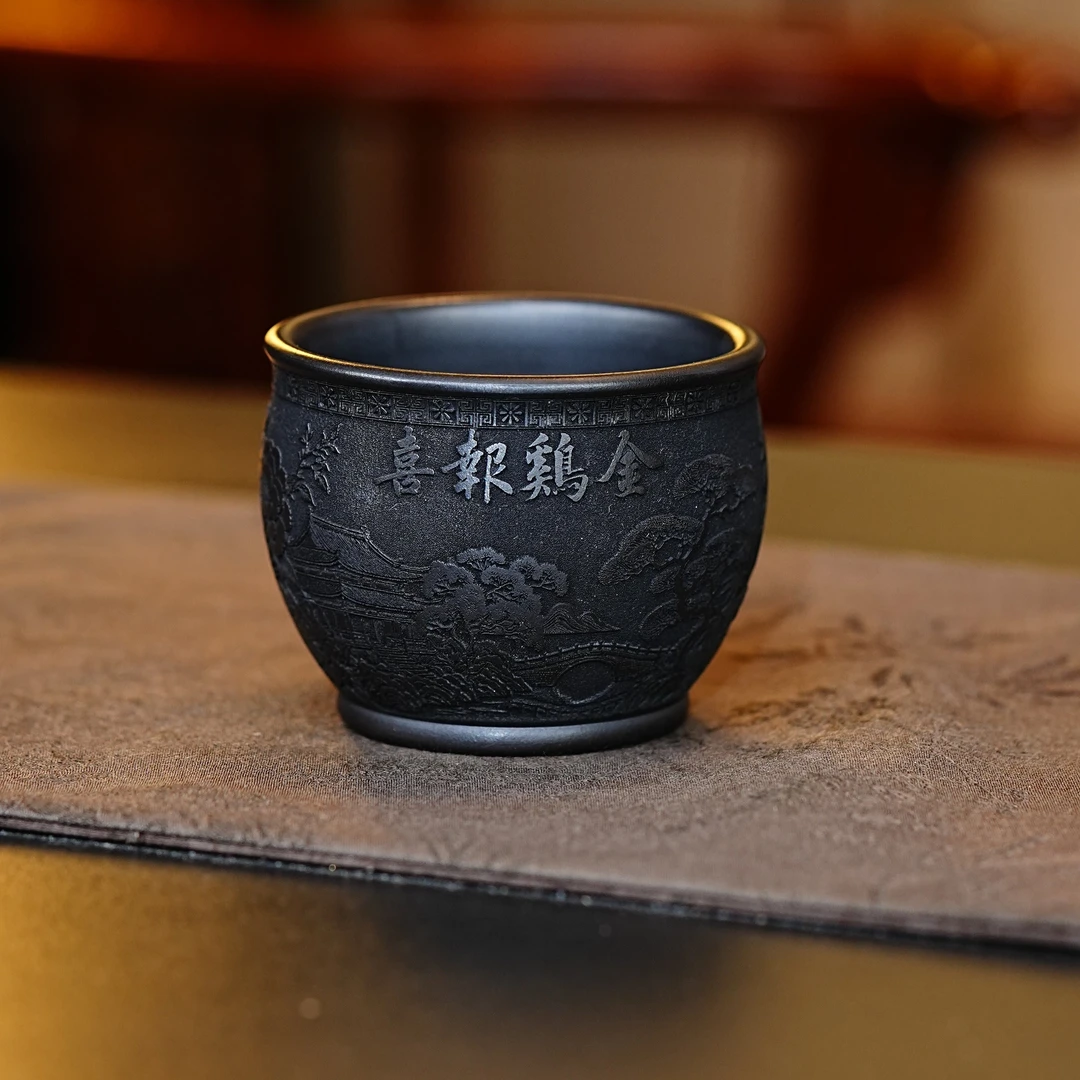 宜兴原矿紫砂石黄全手工刻绘金鸡报喜主人杯高端品茗杯