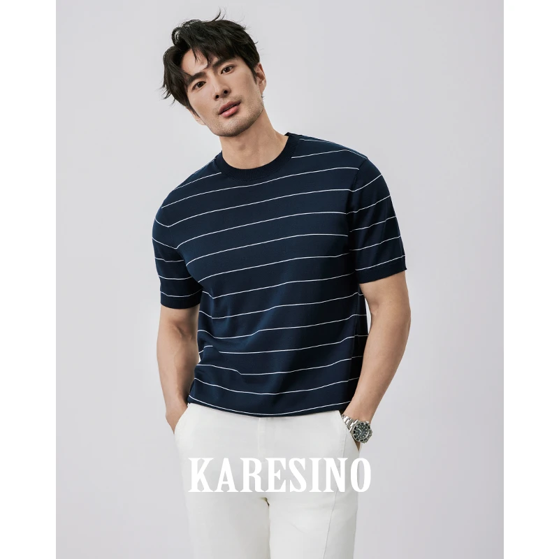 KARESINO凉感莱赛尔 夏季条纹冰丝短袖针织衫男士休闲百搭圆领T恤