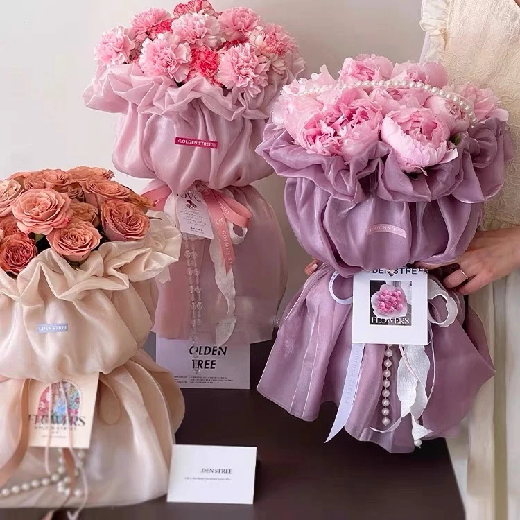 喜洋洋 真丝公主裙小香风 圆形花束包花布弹力冰丝包花纱鲜花包装