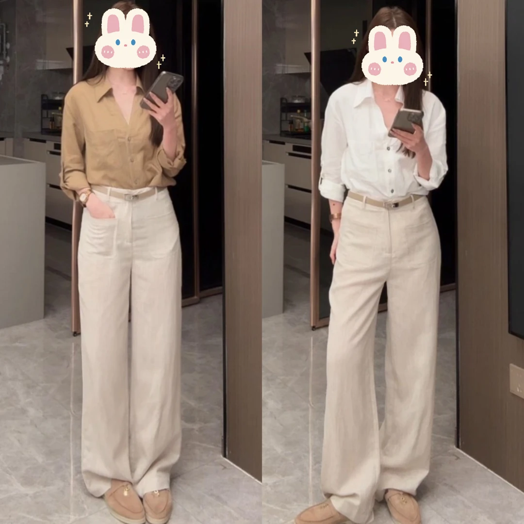 【老钱风Ｖ领】宽松休闲慵懒亚麻长袖衬衣+亚麻纯色直筒裤BB50220