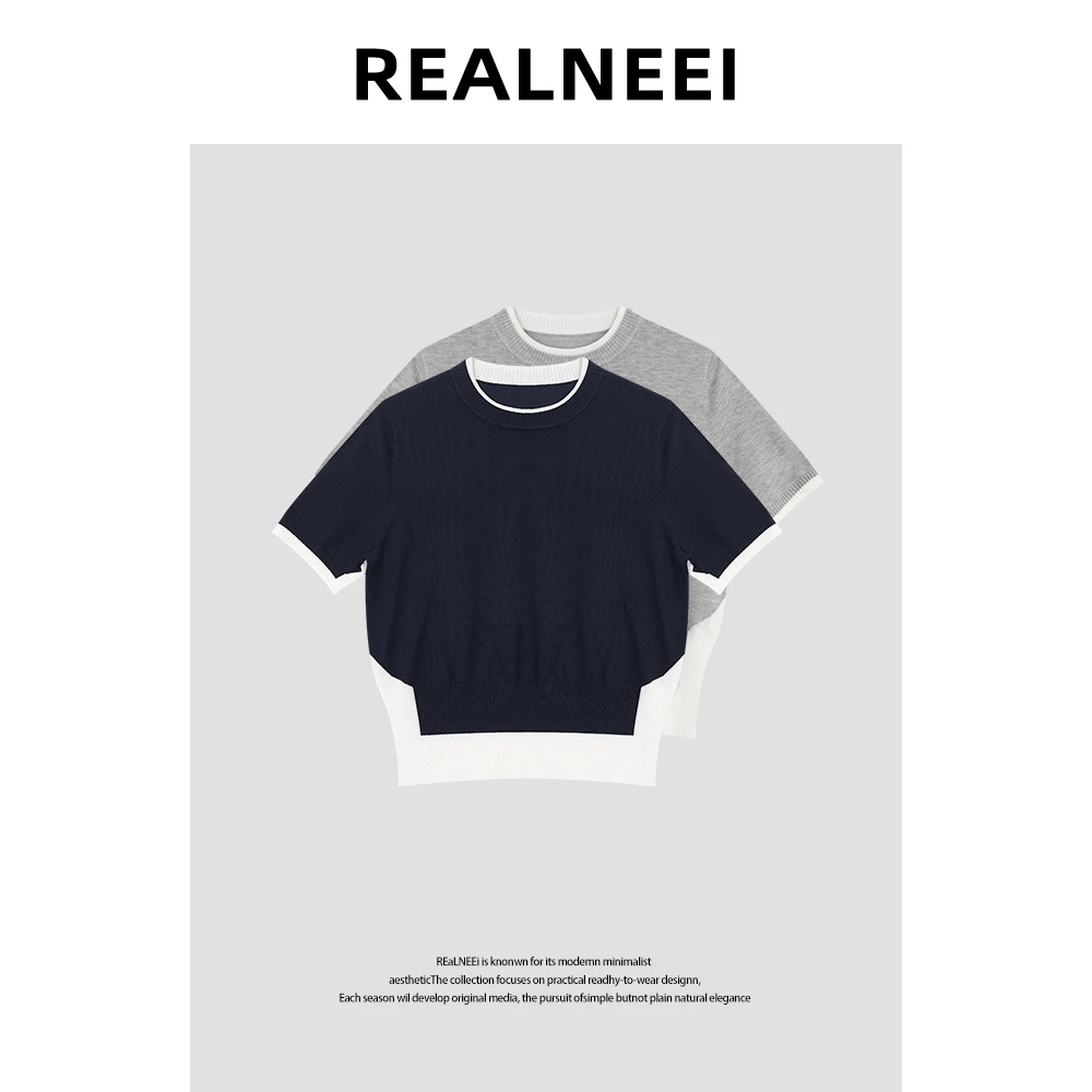 韩系极简设感撞色拼接透气舒适短袖T恤女夏季高级感纯欲百搭上衣