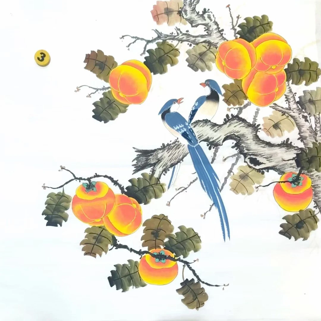 手绘国画工笔柿子画芯《事事如意》画心未装裱68*68公分
