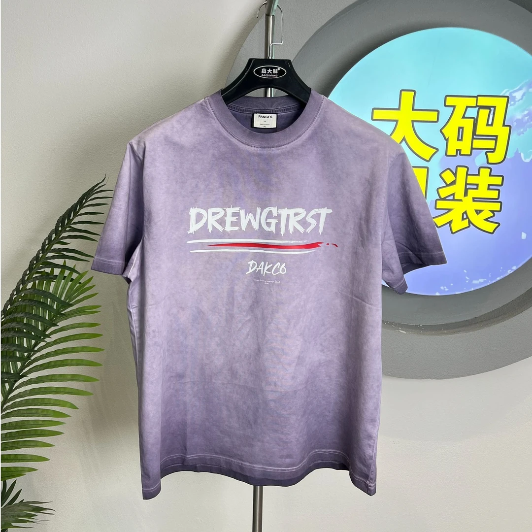 180-280斤大码高品潮男显瘦高克重时尚水洗炒色渐变白色字母短袖