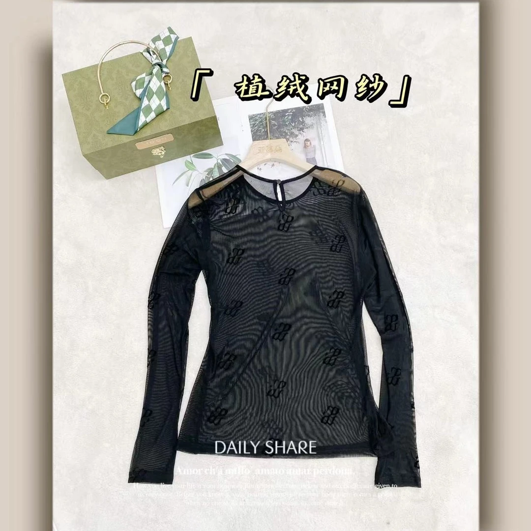 欧洲站新品设计高弹长袖字母植绒网纱打底衫-23019