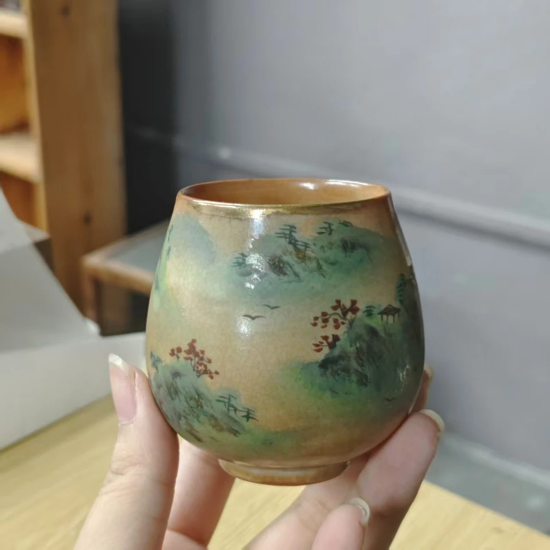 禧山窑志野柴烧山水大号束口杯DD0075