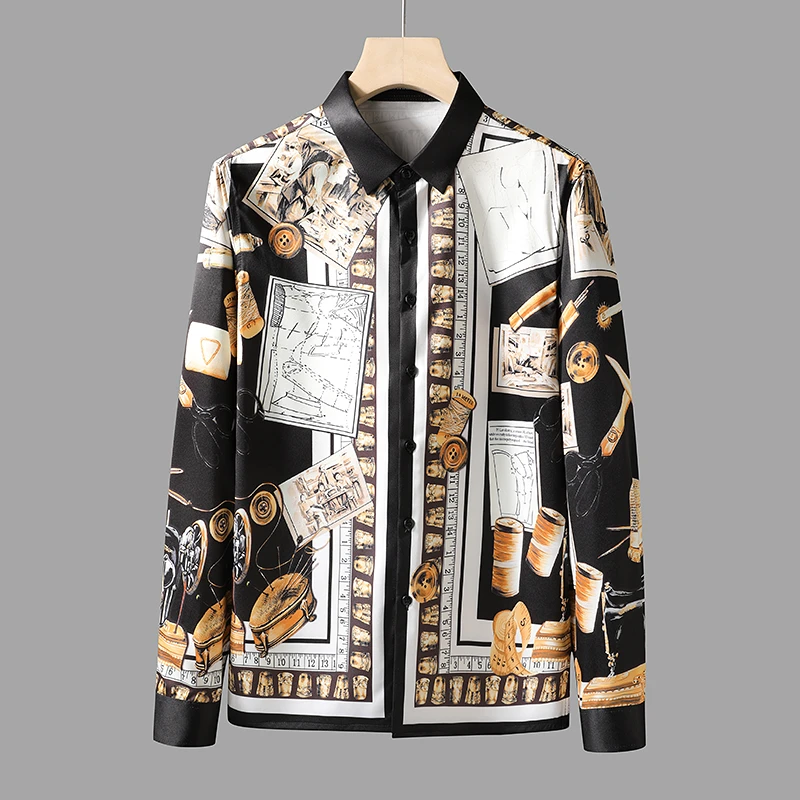 欧洲站花衬衫男士高级感潮牌痞帅印花设计感小众韩版长袖衬衣修身