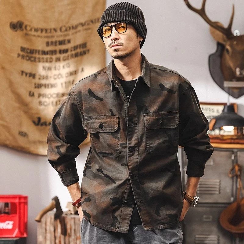 美式复古野性户外迷彩工装衬衫男长袖男秋冬大码新款废土风衬衣男