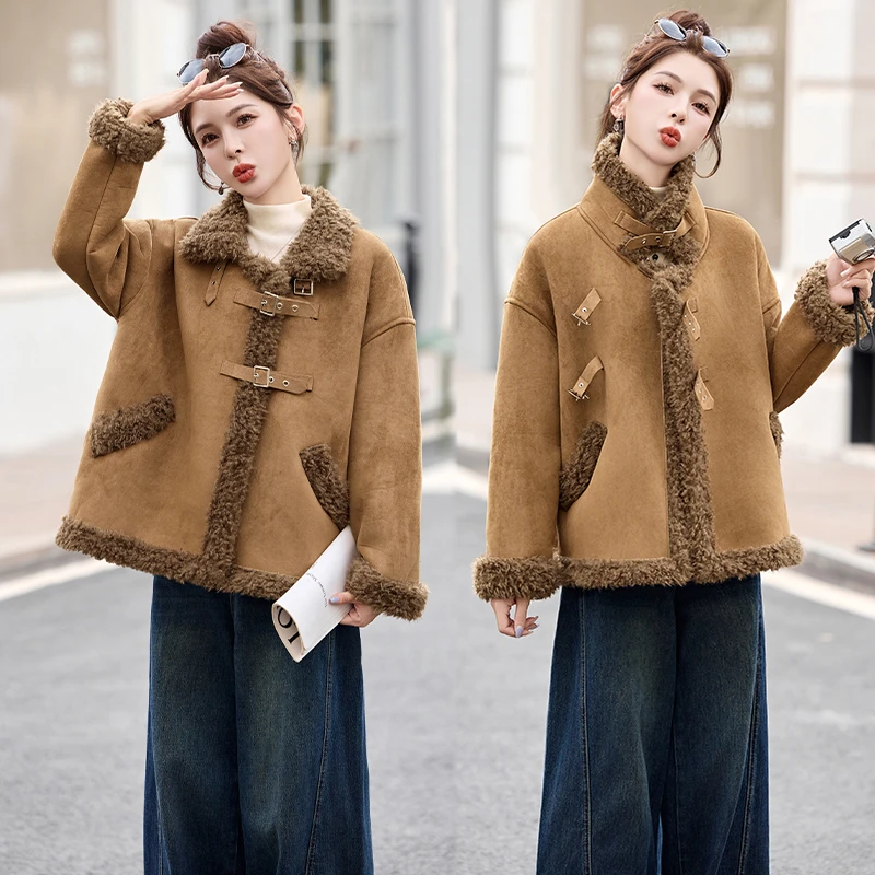 加绒加厚皮毛一体外套女短款2025冬季新款设计感宽松百搭保暖上衣