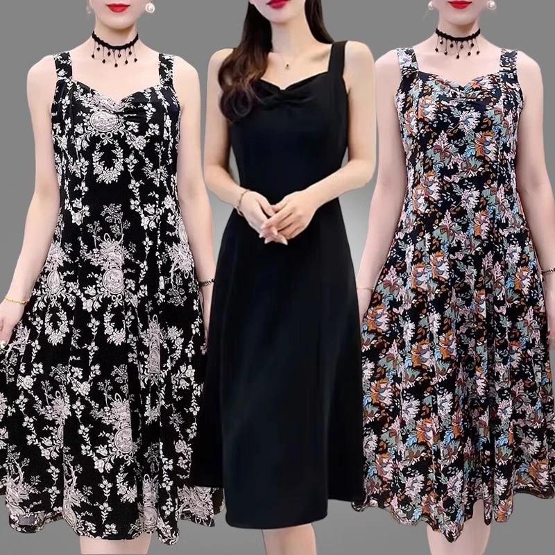 冰丝吊带连衣裙女夏2025新款大码宽松遮肚显瘦印花背心无袖长裙子