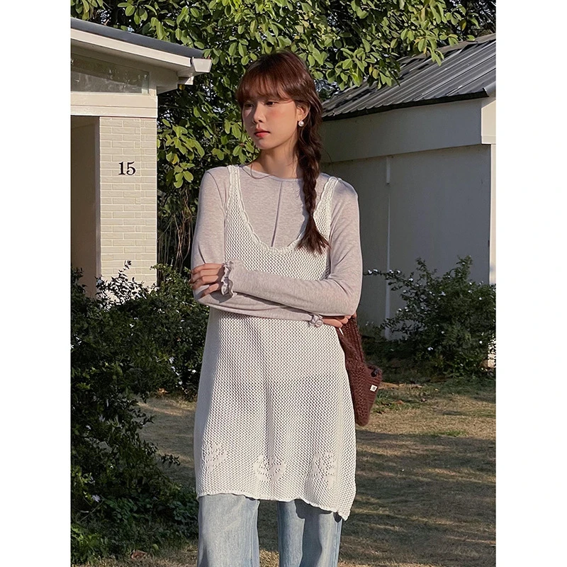 【歌铭】韩系叠穿镂空v领直筒背心裙女装2025秋季吊带连衣裙N725B