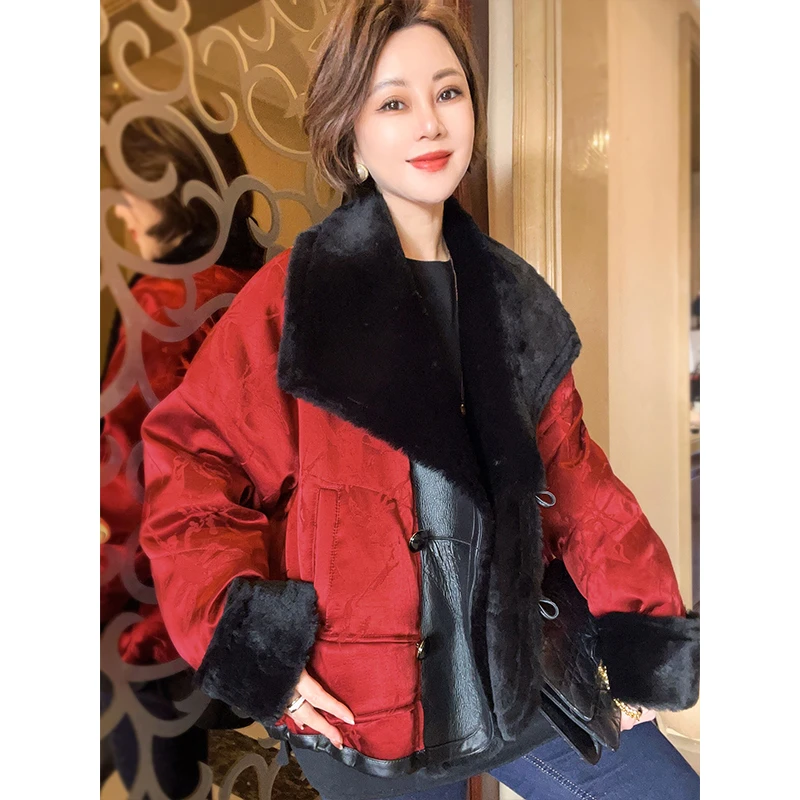 皮毛一体绵羊皮拼接90鹅绒服新中式女装上衣25121618