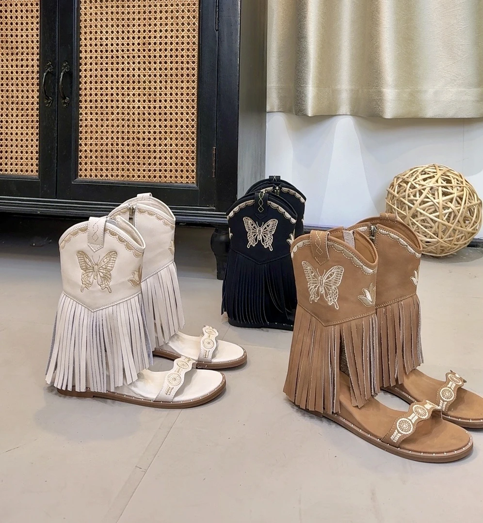 【蝴蝶圆】25new春夏限定蝴蝶马鞋流苏侧拉链休闲凉鞋1009-26